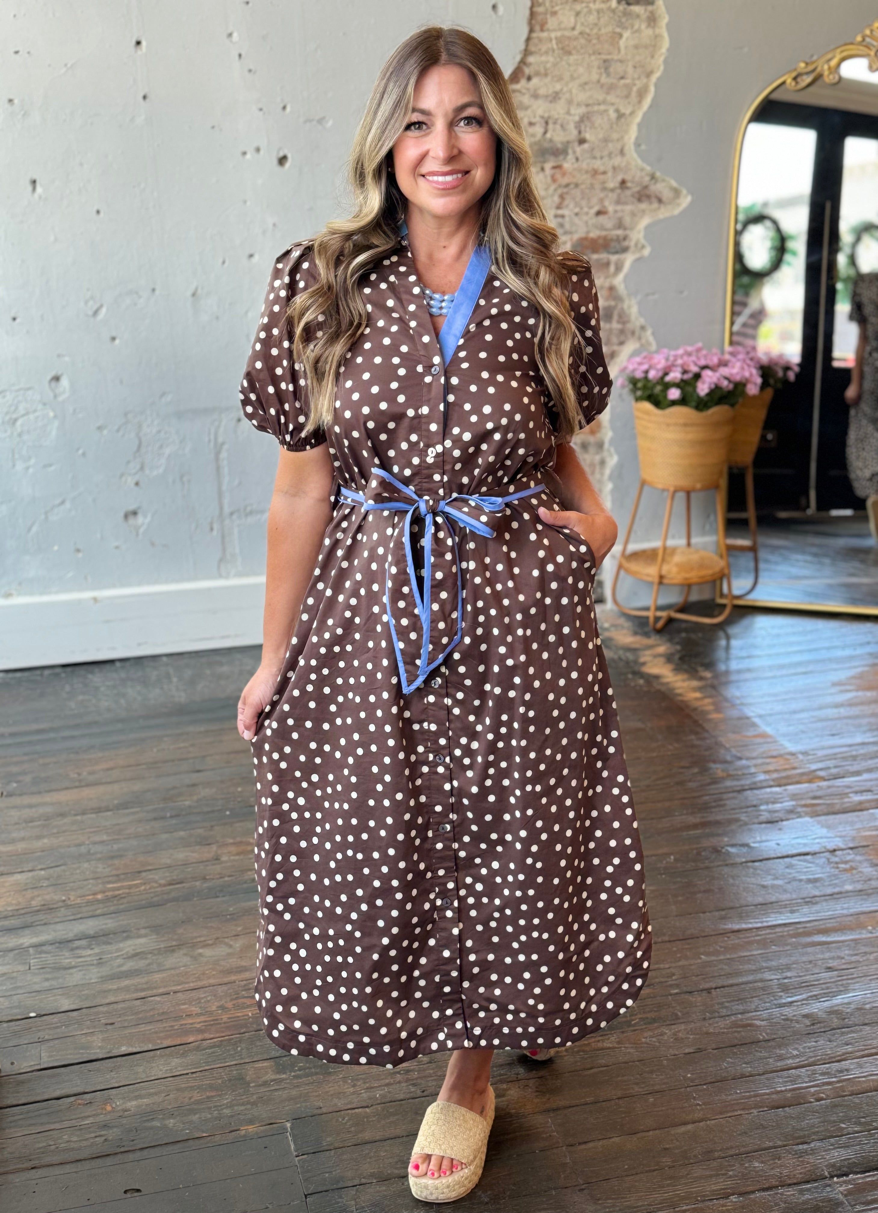 Brown Polka Dot with Blue Trim Belted Dress