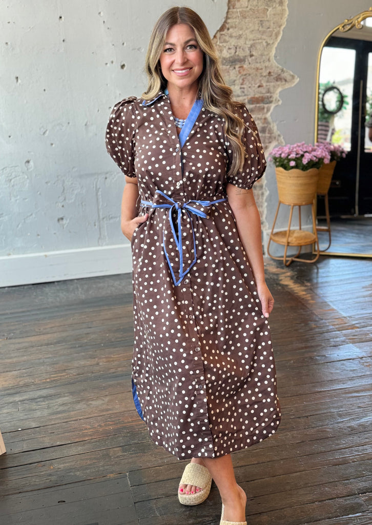 Brown Polka Dot with Blue Trim Belted Dress