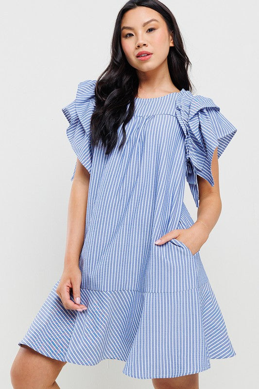 Stripe Pattern Ruffled Sleeve Mini Dress
