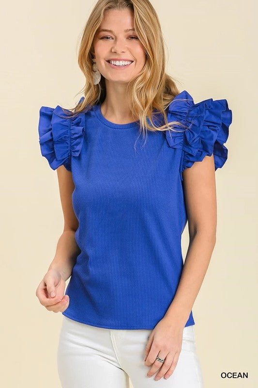 Ribbed Knit Top with Poplin Ruffle Sleeve