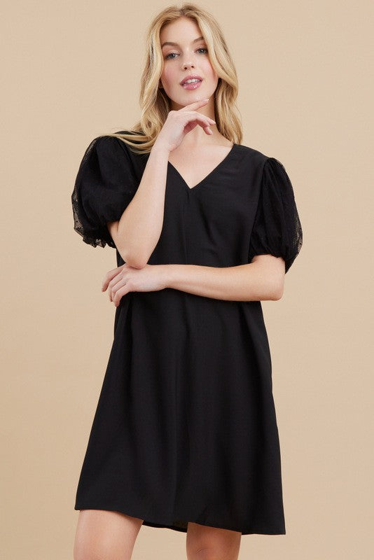 Solid Short Puffed Sleeves Dress