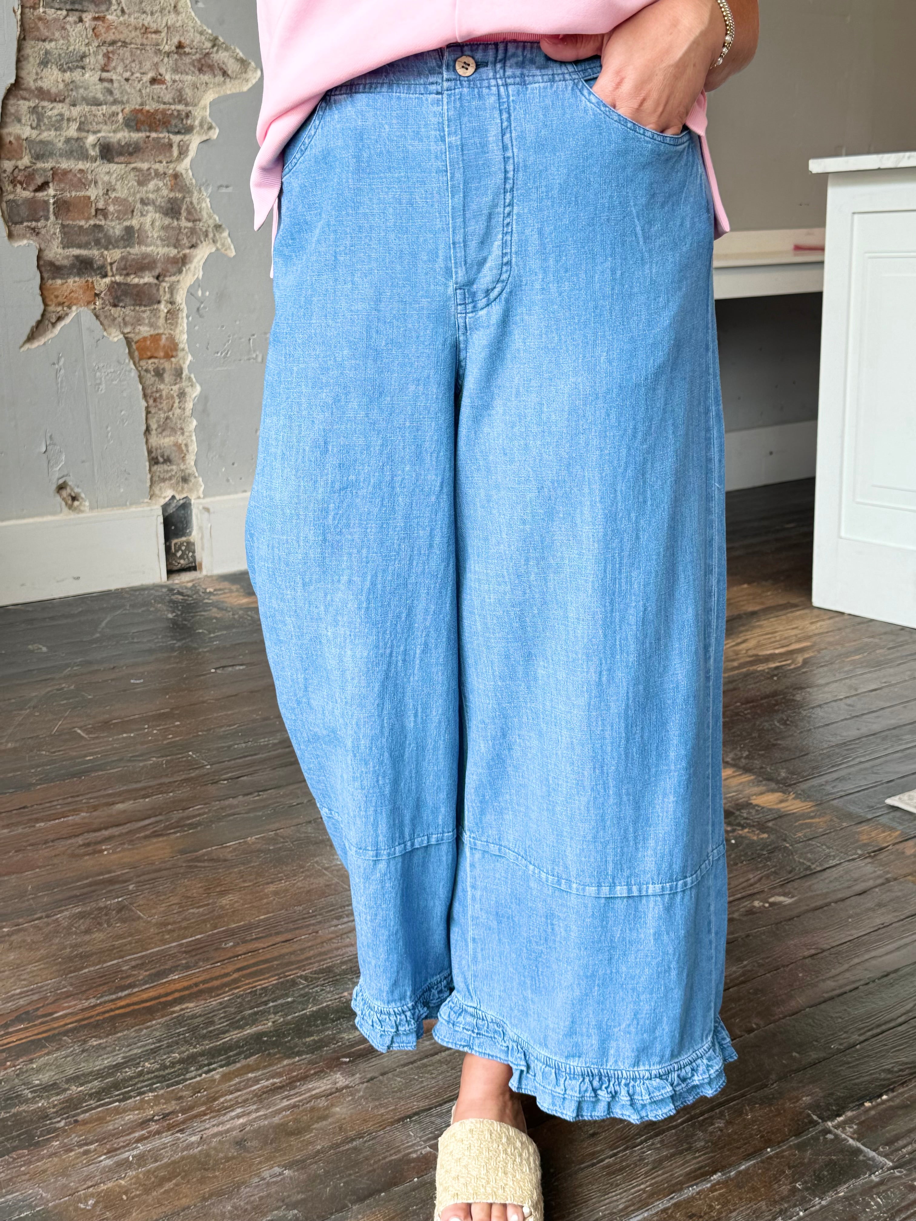 Ruffle Hem Detail Washed Denim Pants | Shop Seventeen Boutique