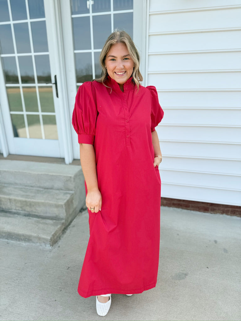 red puff sleeve midi dress Red Puff Sleeve Midi Dress