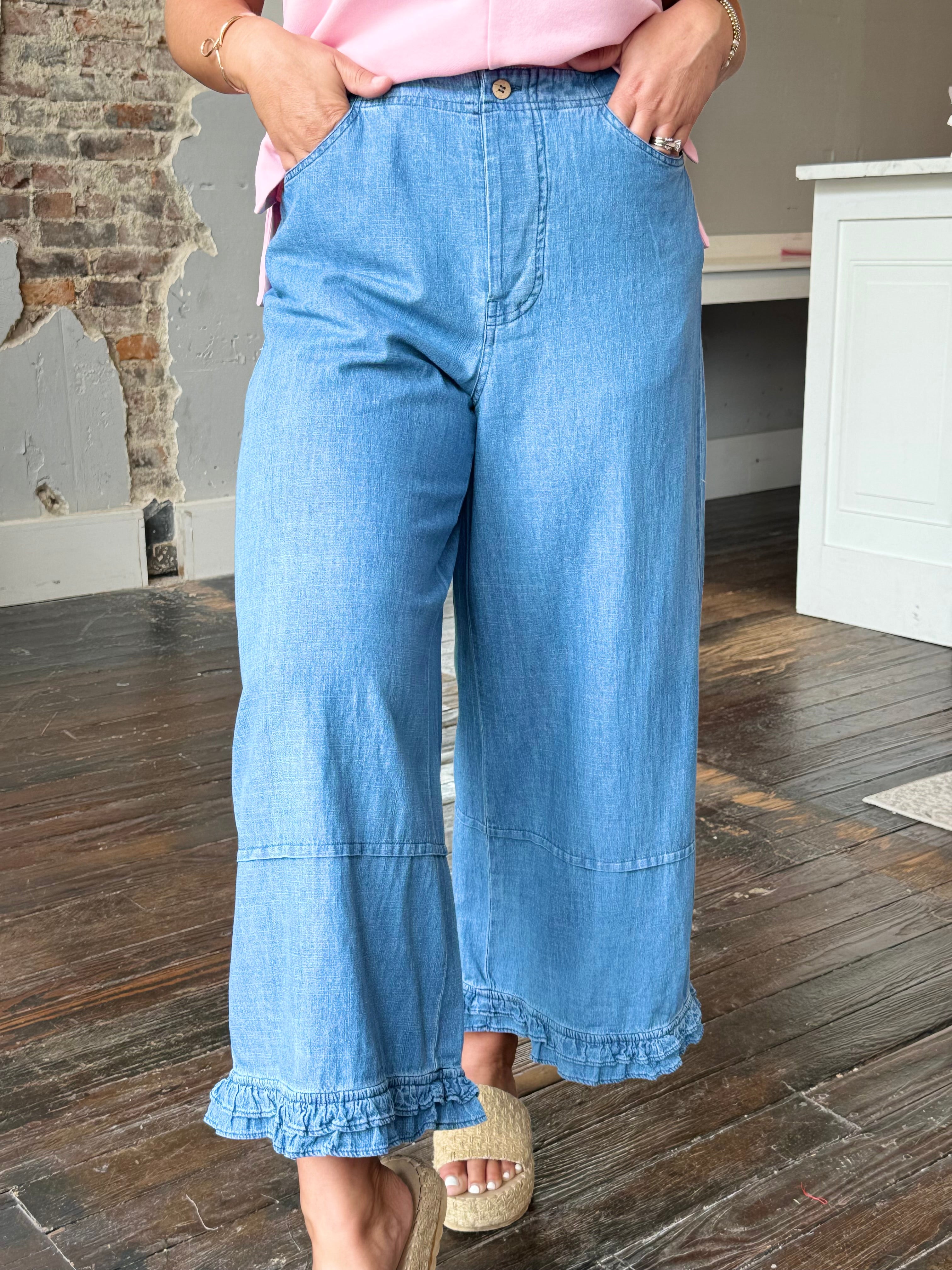 Ruffle Hem Detail Washed Denim Pants | Shop Seventeen Boutique