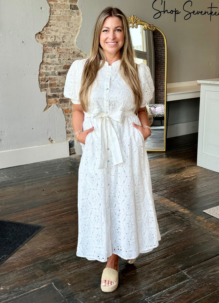 eyelet midi dress Frank & Eileen Women's Dress, Grace Sleeveless Dress, Eyelet Cotton, Size M, White painted print Intricate eyelet detailing Length hits above ankle Scalloped hemline Imported Care Eliza Eyelet Midi Dress