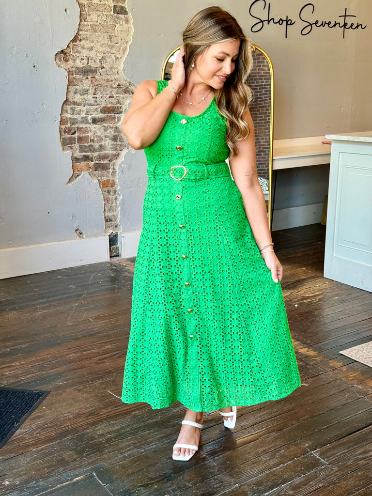 Green Eyelet Belted Dress
