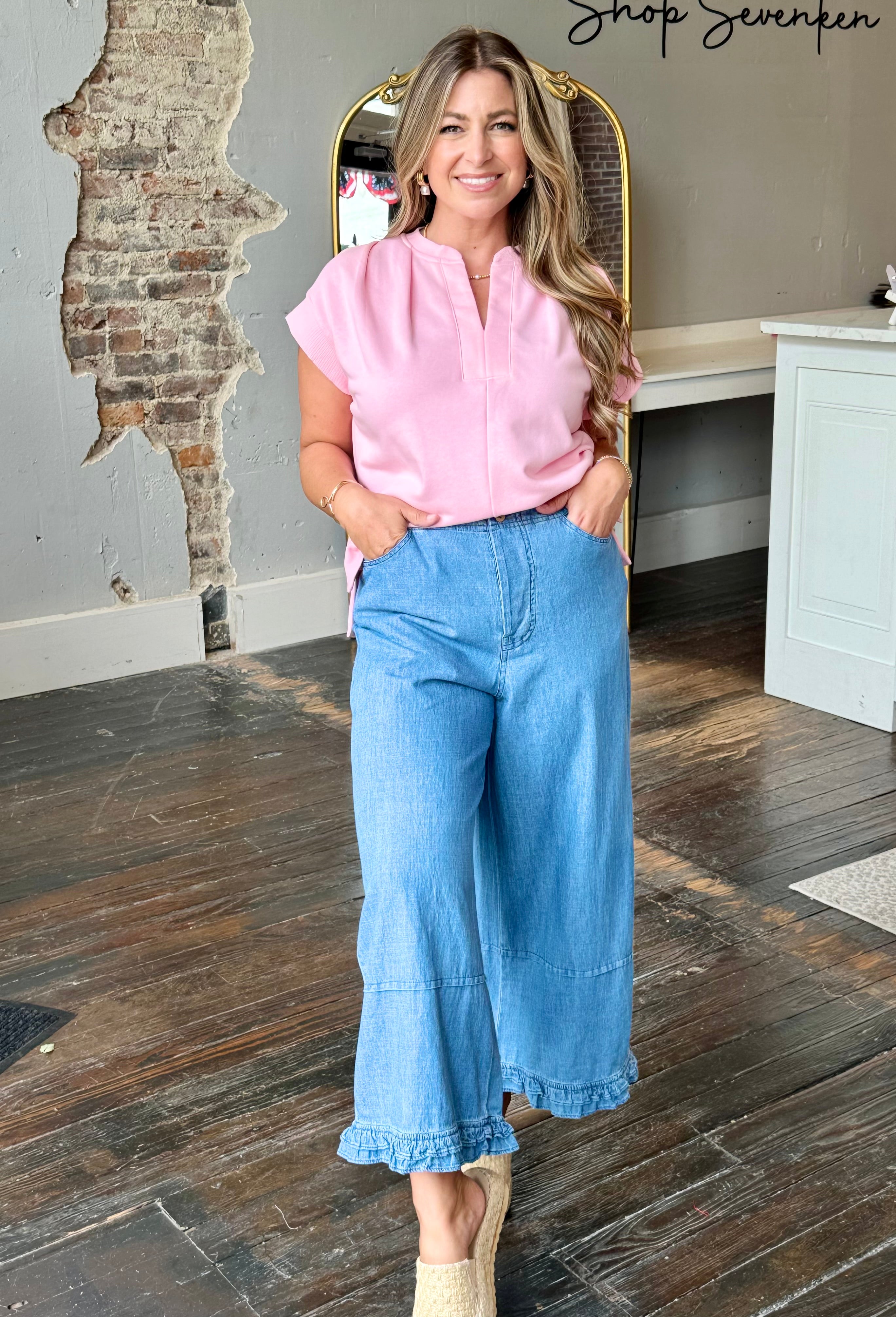 Ruffle Hem Detail Washed Denim Pants | Shop Seventeen Boutique