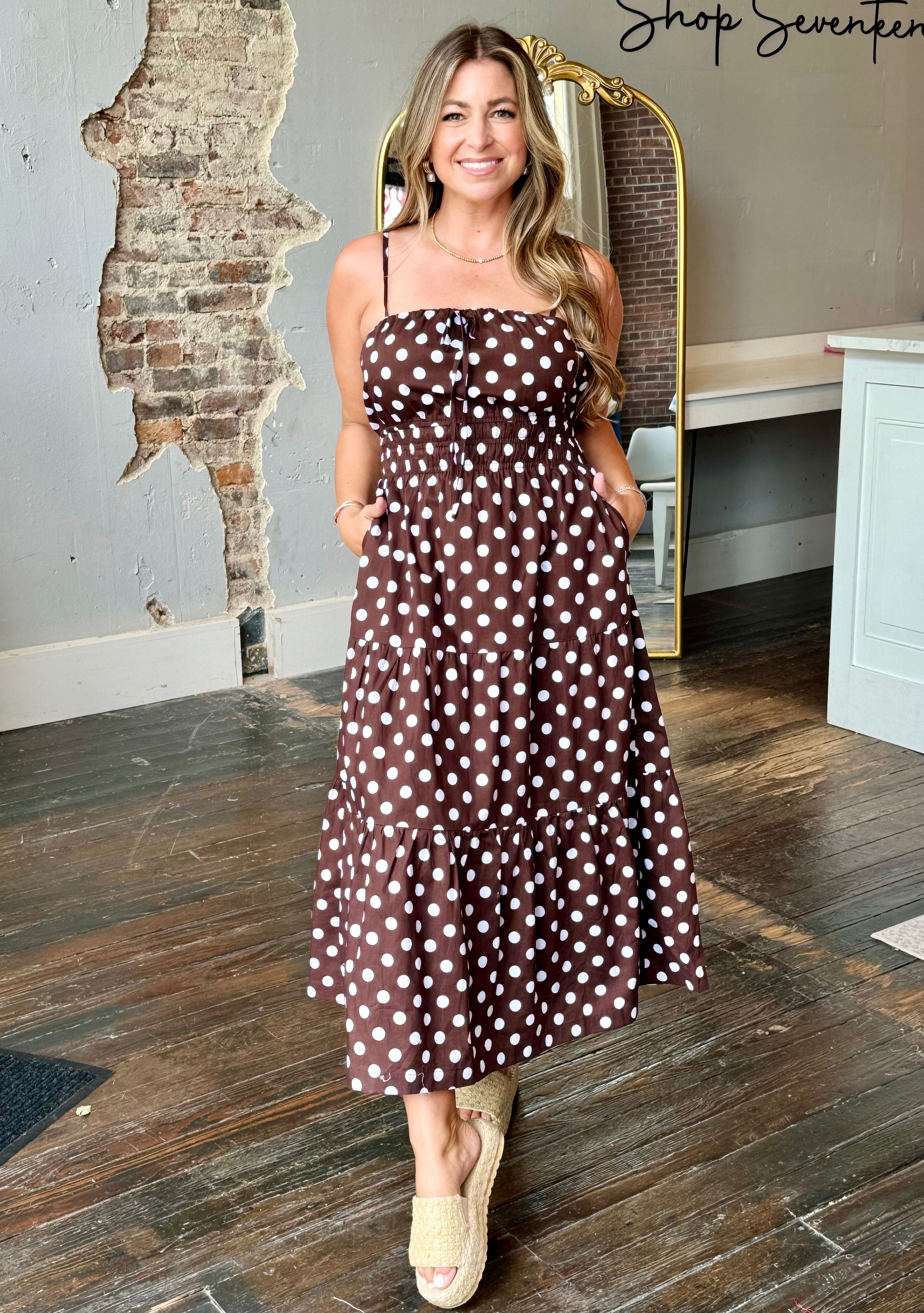 Brown/White Polka Dot Midi Dress