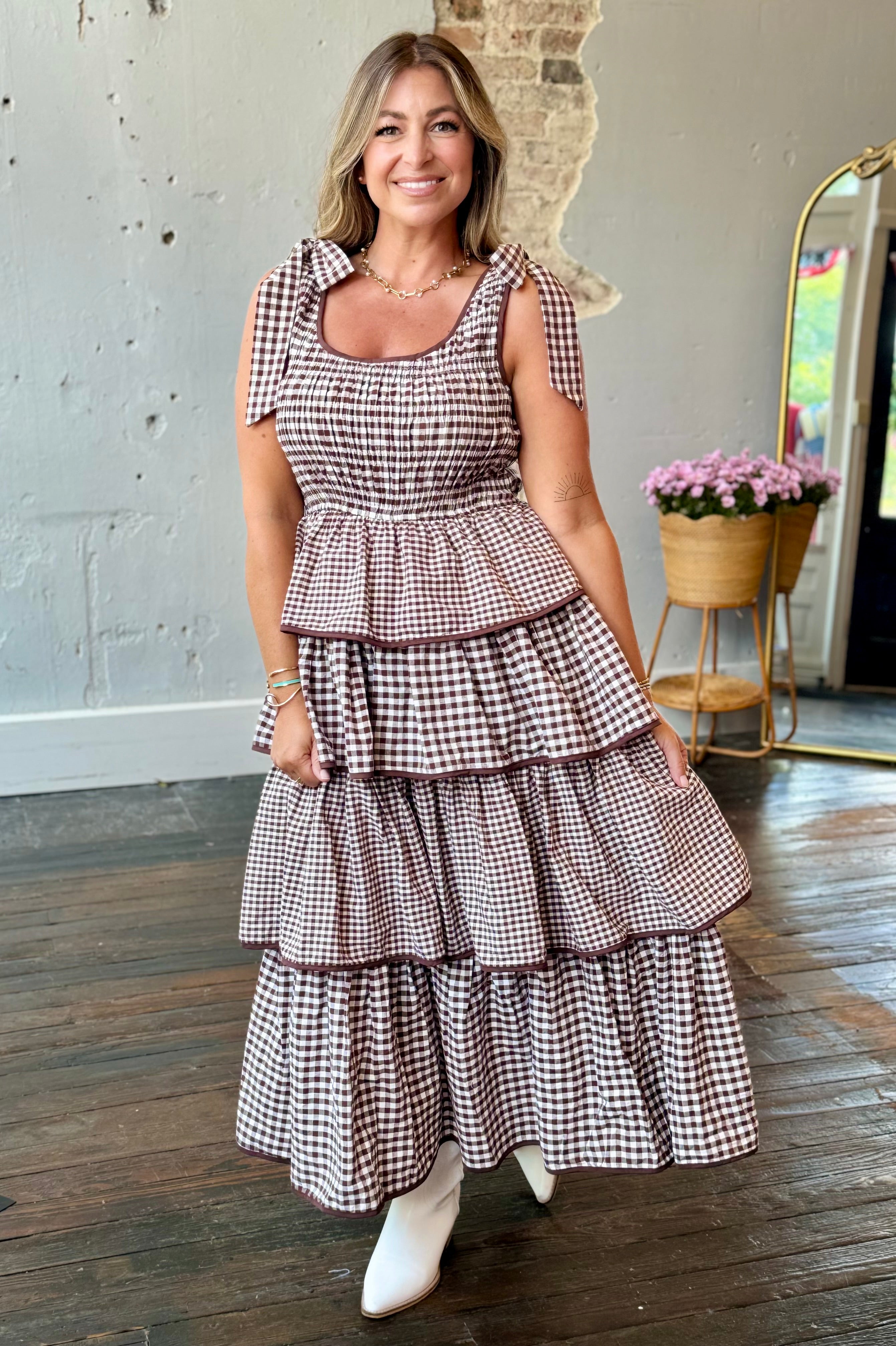 fall gingham dress Elizabeth James The Label Collins Or Elevate With Espadrille Wedges And Gold Layered Jewelry Amberlyn Maxi Dress - Green
