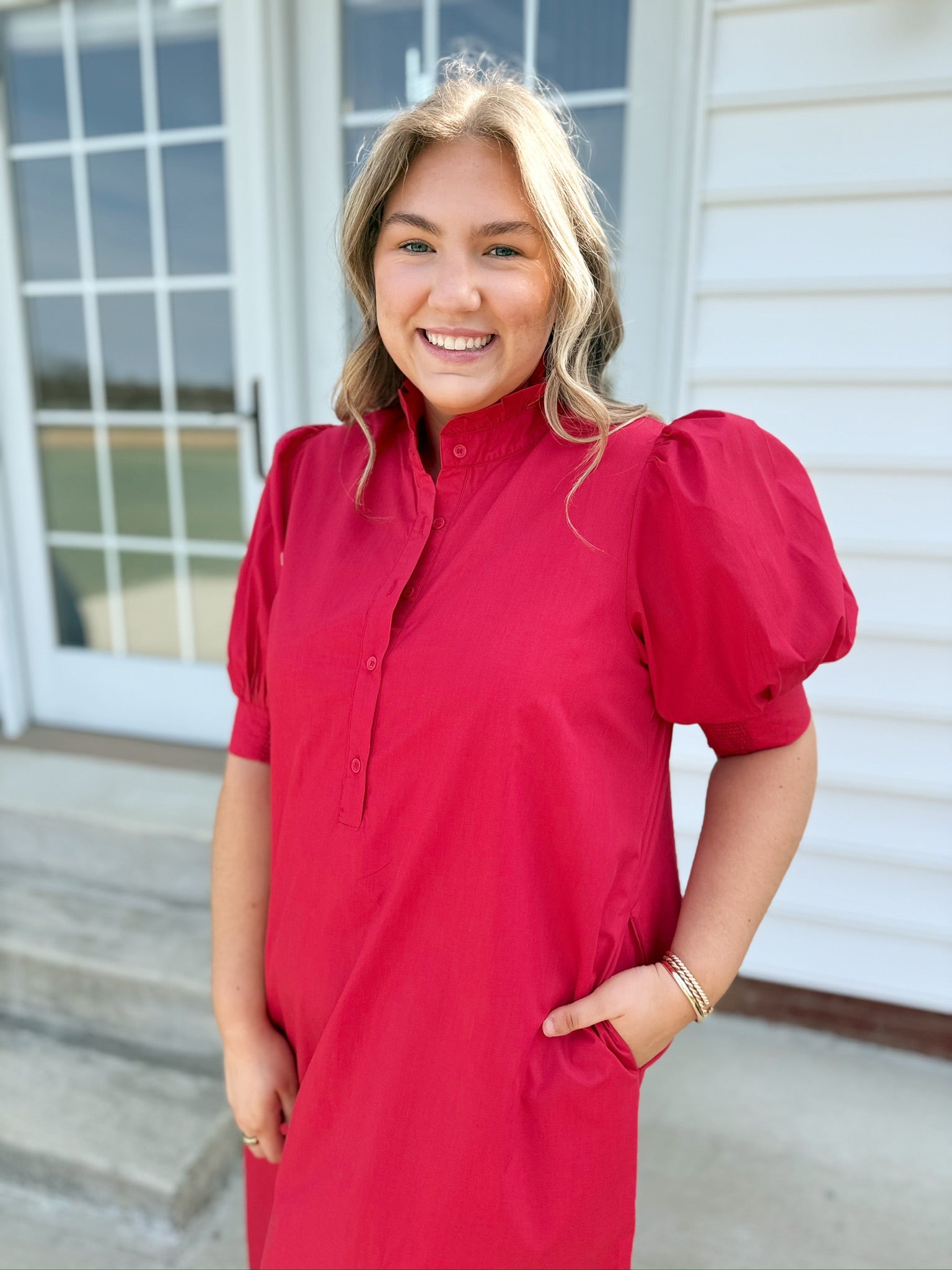 red puff sleeve midi dress Red Puff Sleeve Midi Dress