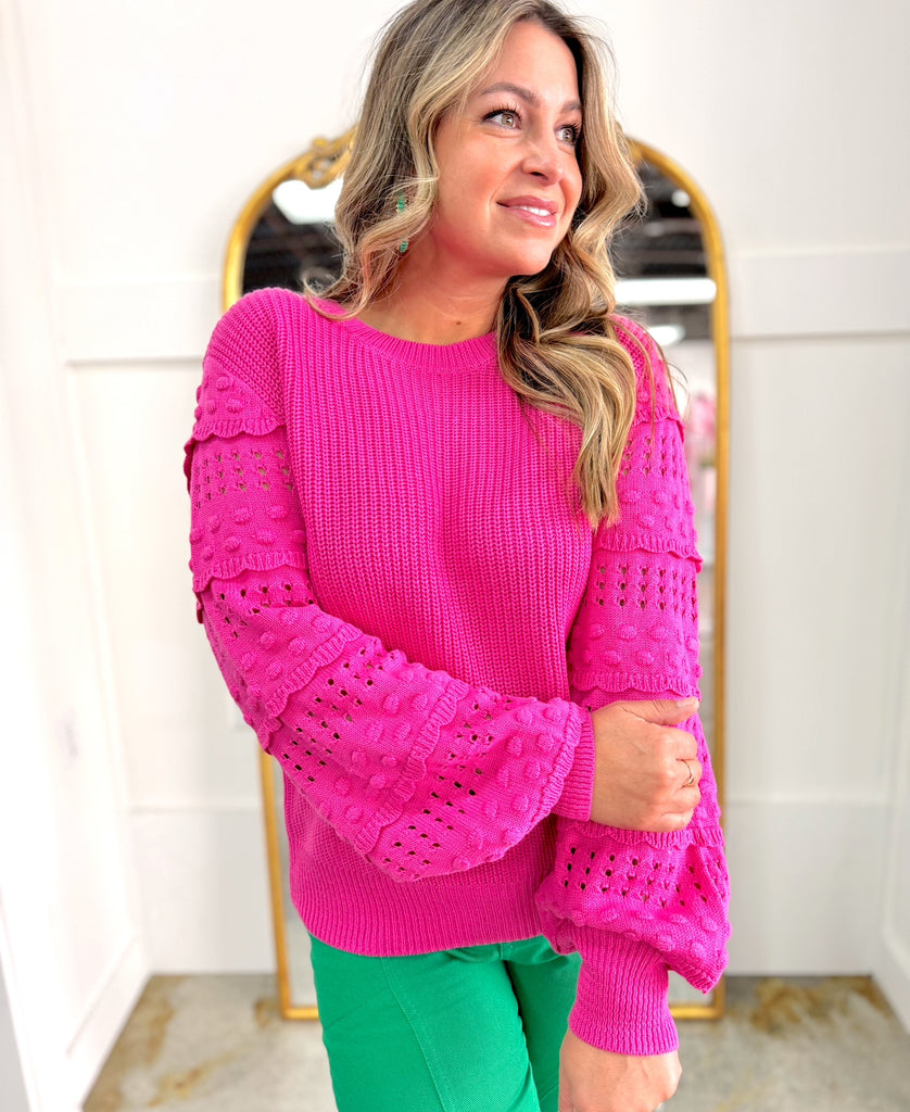 Textured Round Neck Long Sleeve Sweater Pink