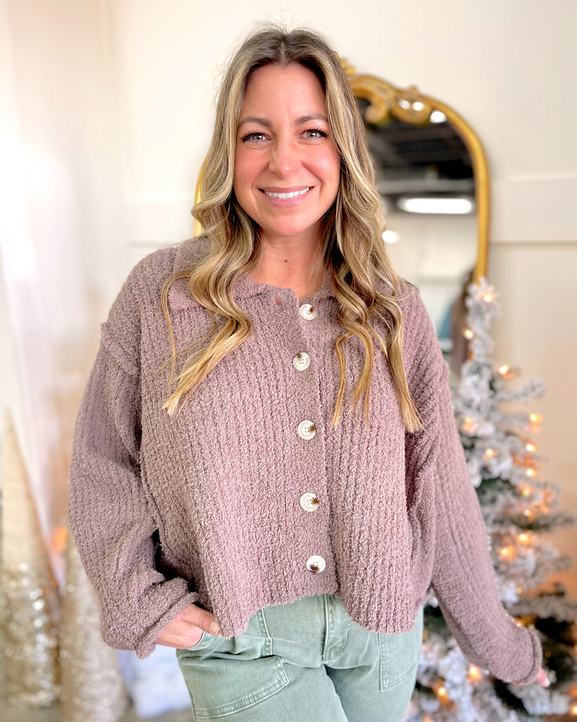 Fuzzy Collared Button Cardigan