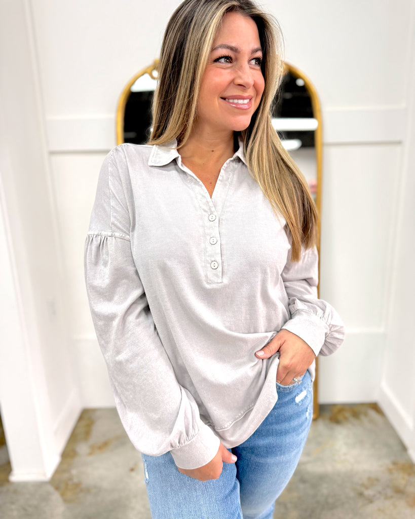 Mineral Washed Cotton Henley Top Taupe