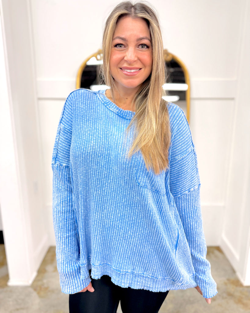 Textured Rib Knit Mineral Washed Top Blue