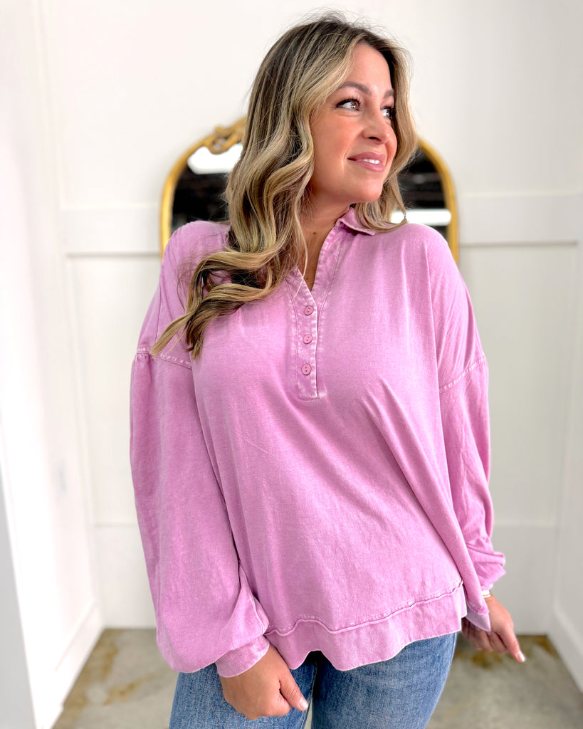 Mineral Washed Henley Jersey Top Pink