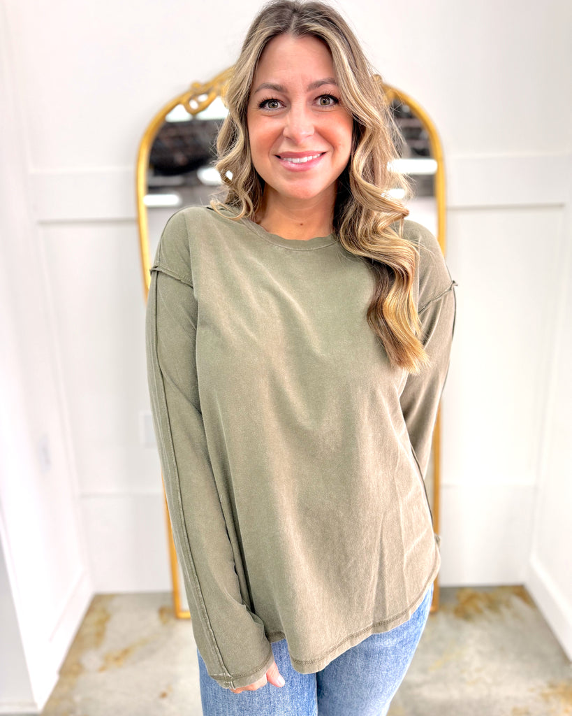 Mineral Washed Cotton Jersey Knit Top Olive