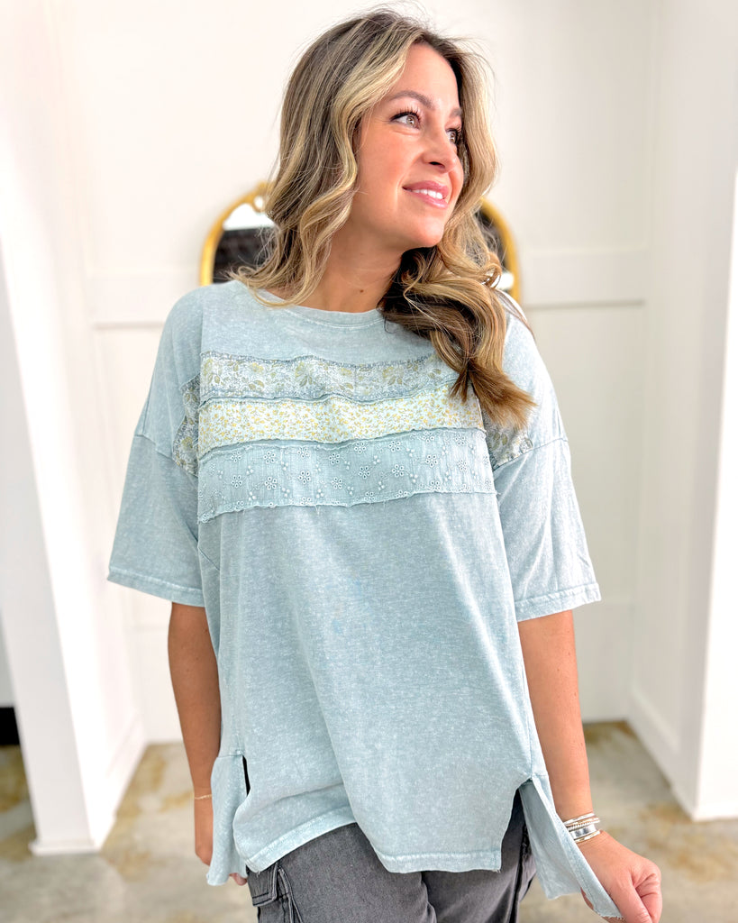 Print and Lace Mix Washed Cotton Jersey Top Dusty Blue