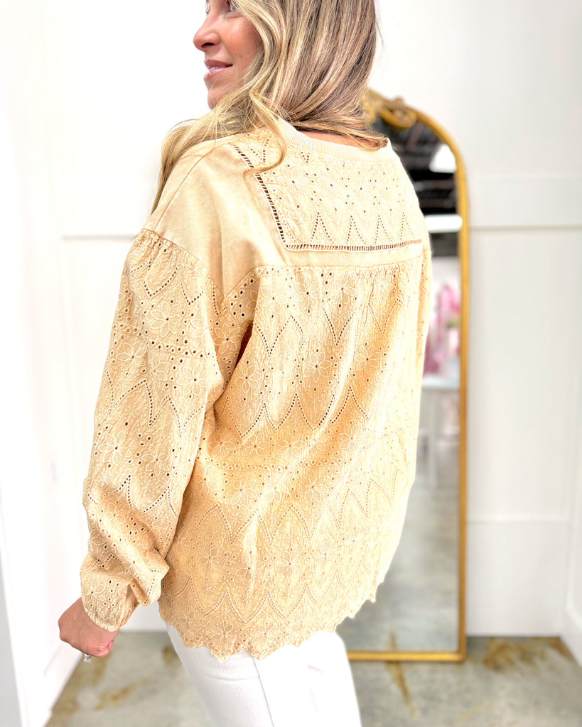 Eyelet Lace Back Mineral Washed Pullover Almond