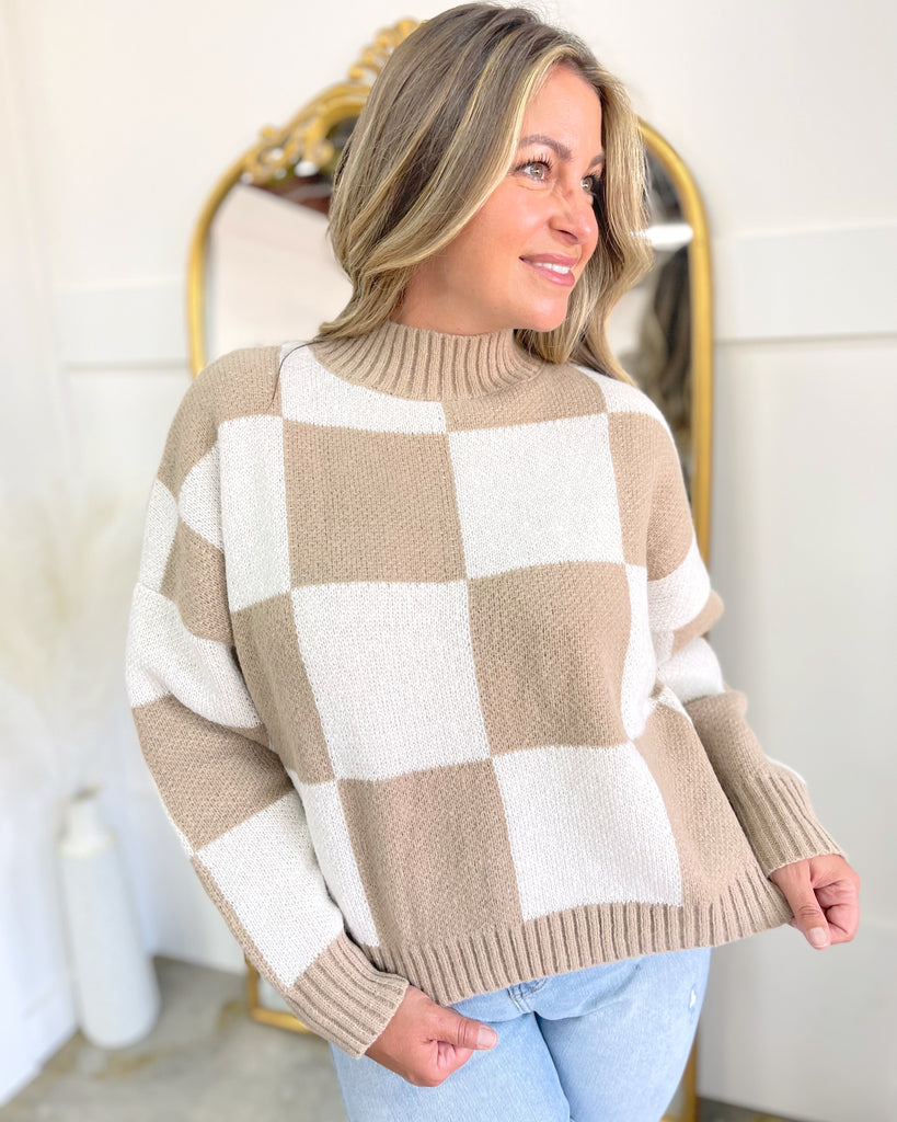 Ivory and Tan Checkered Sweater