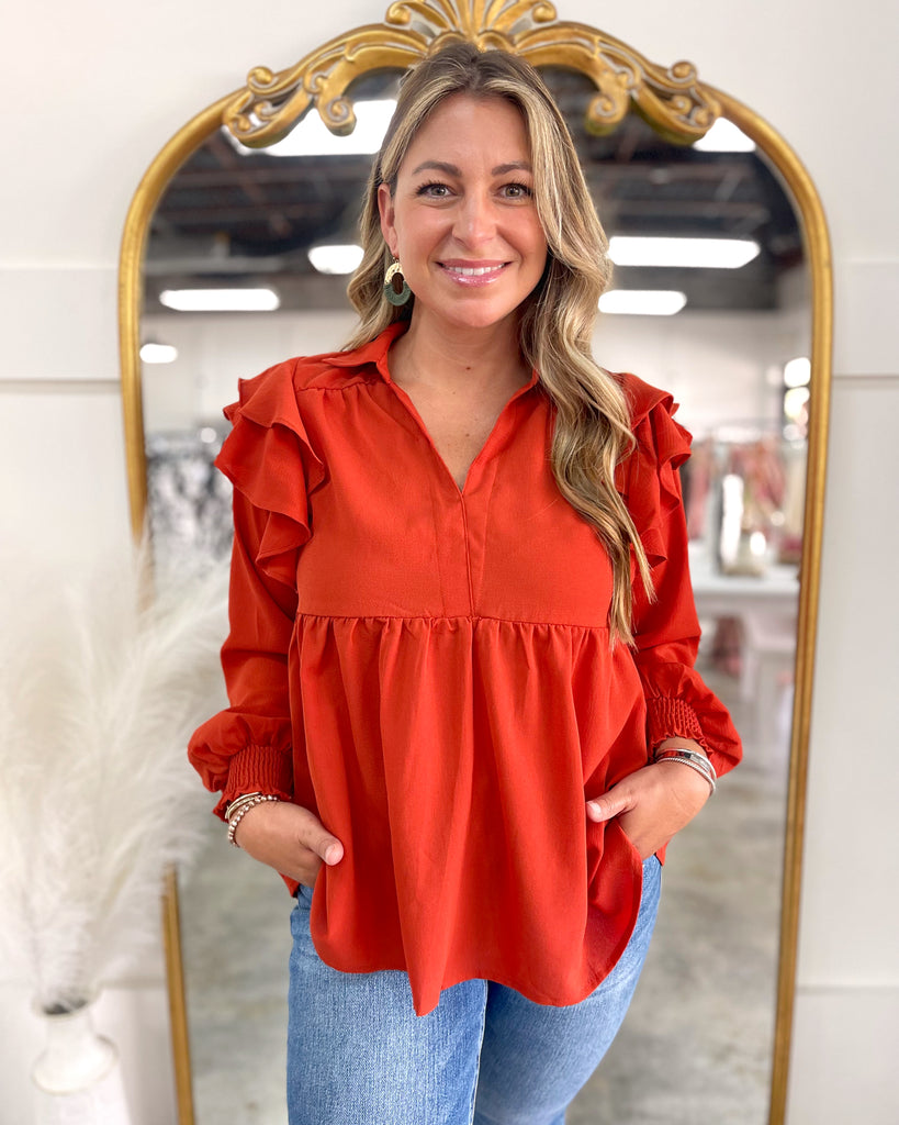 V-Neck Baby Doll Top with Double Ruffle Sleeve