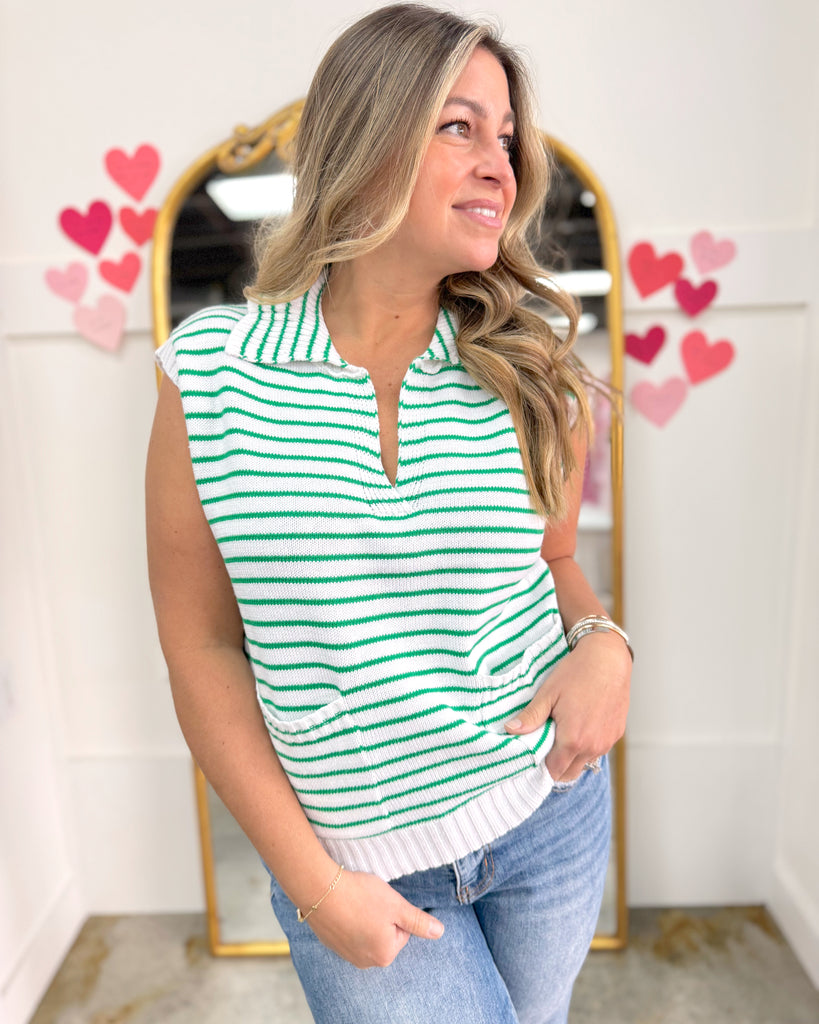 Striped Knit Vest Top with Pockets Green