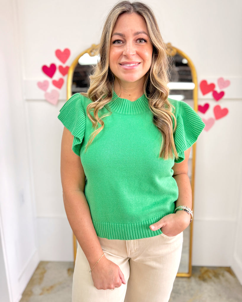 Solid Knit Top with Ruffle Green