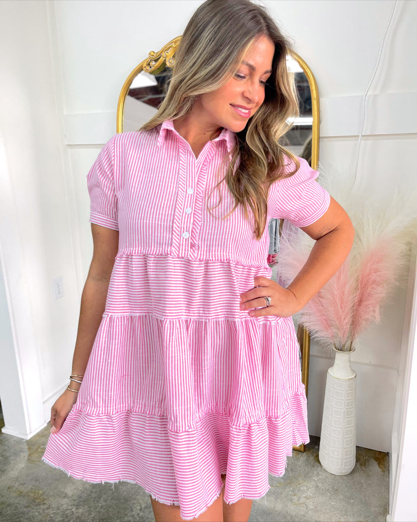 Half Button Up Tiered Striped Collared Dress