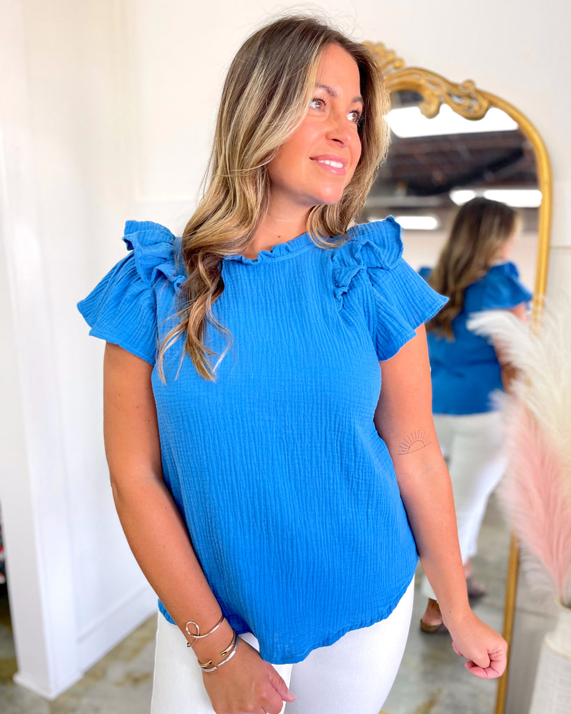 Blue Solid Gauze Ruffle Detailed Mock Neck Top
